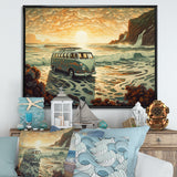 Green And Orange Retro Van On The Coastline I - Cars Retro Canvas Wall Art