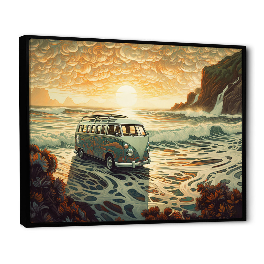 Green And Orange Retro Van On The Coastline I - Cars Retro Canvas Wall Art