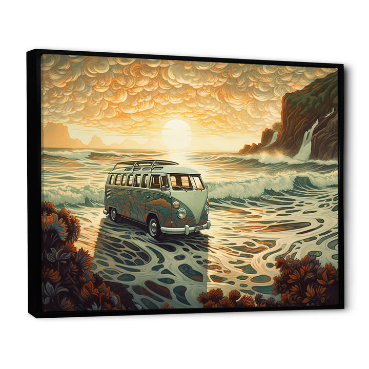 Green And Orange Retro Van On The Coastline I - Cars Retro Canvas Wall Art