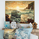 Green And Orange Retro Van On The Coastline I - Cars Retro Canvas Wall Art