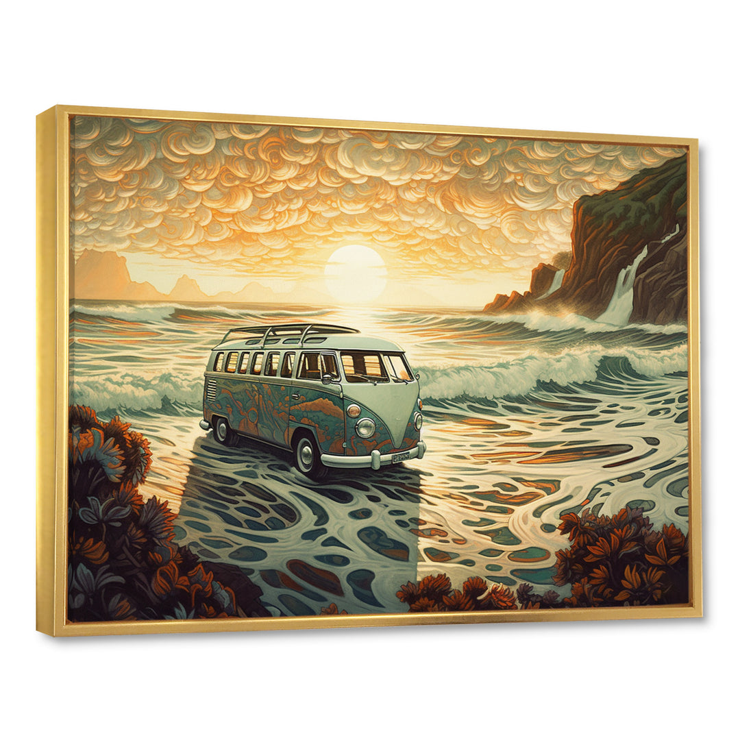 Green And Orange Retro Van On The Coastline I - Cars Retro Canvas Wall Art