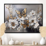 Golden White Butterfly Wings And Flowers I - Floral Canvas Wall Art