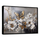 Golden White Butterfly Wings And Flowers I - Floral Canvas Wall Art