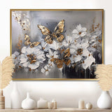 Golden White Butterfly Wings And Flowers I - Floral Canvas Wall Art