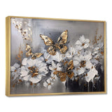 Golden White Butterfly Wings And Flowers I - Floral Canvas Wall Art