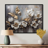 Golden White Butterfly Wings And Flowers III - Floral Canvas Wall Art