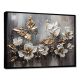 Golden White Butterfly Wings And Flowers III - Floral Canvas Wall Art