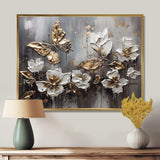 Golden White Butterfly Wings And Flowers III - Floral Canvas Wall Art