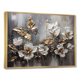 Golden White Butterfly Wings And Flowers III - Floral Canvas Wall Art