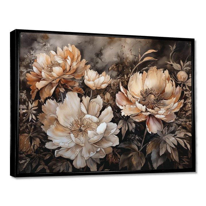 Cream Brown Peony Blooms In Motion - Floral Canvas Wall Art