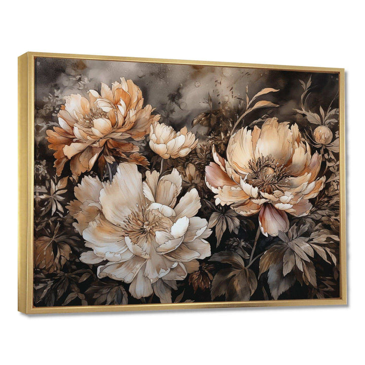 Cream Brown Peony Blooms In Motion - Floral Canvas Wall Art
