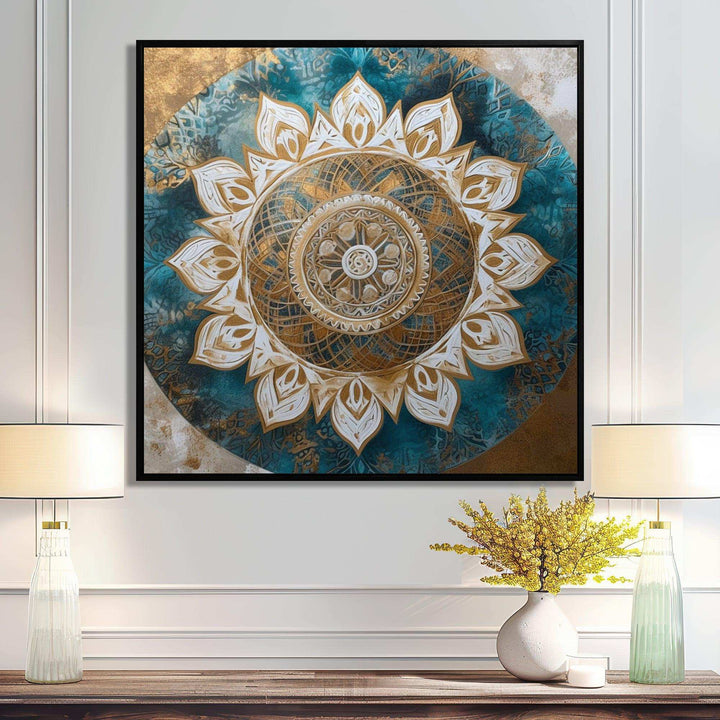 Teal And Gold Mandala II - Geometric Canvas Wall Art