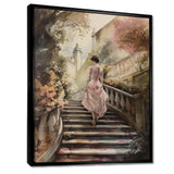 Elegant Woman Walking Down Stairs III - Fashion Canvas Wall Art