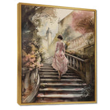 Elegant Woman Walking Down Stairs III - Fashion Canvas Wall Art