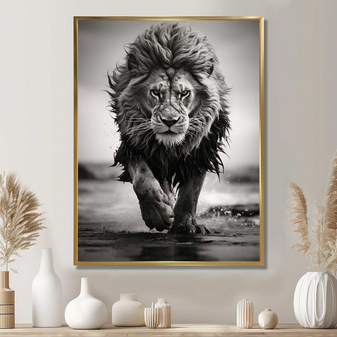 Black And White Lion Running In Africa - Animals Canvas Wall Art