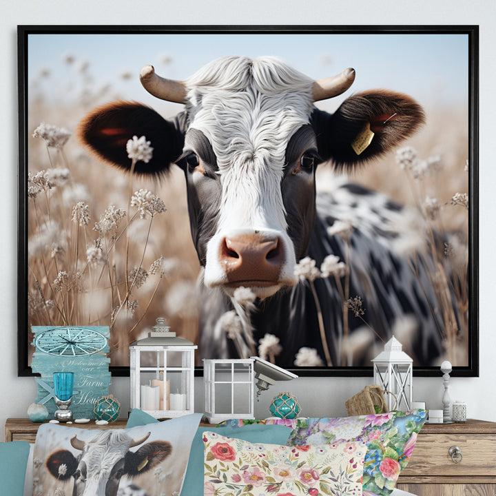 Cow Flower Grazing - White Cow Wall Art