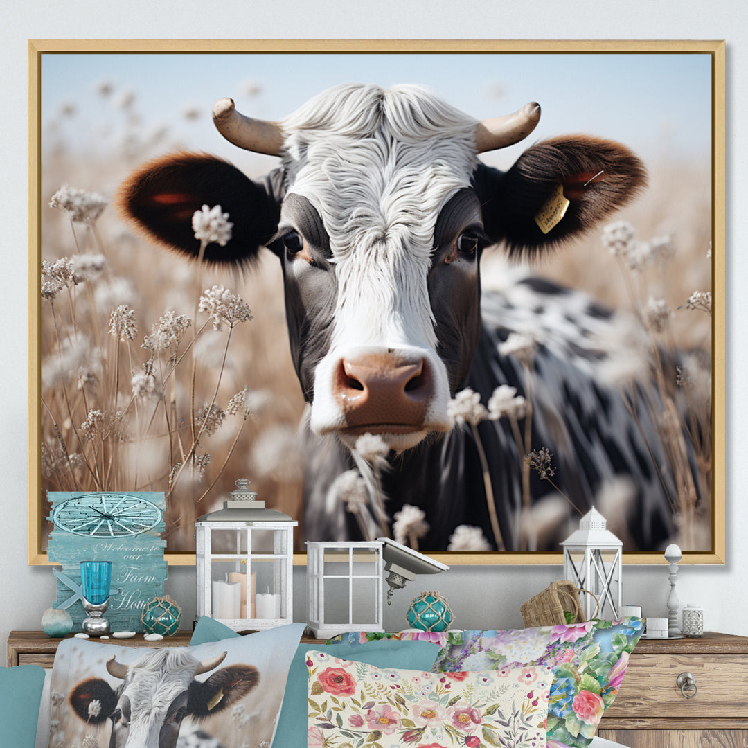 Cow Flower Grazing - White Cow Wall Art