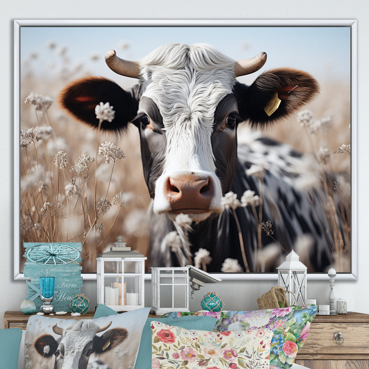 Cow Flower Grazing - White Cow Wall Art
