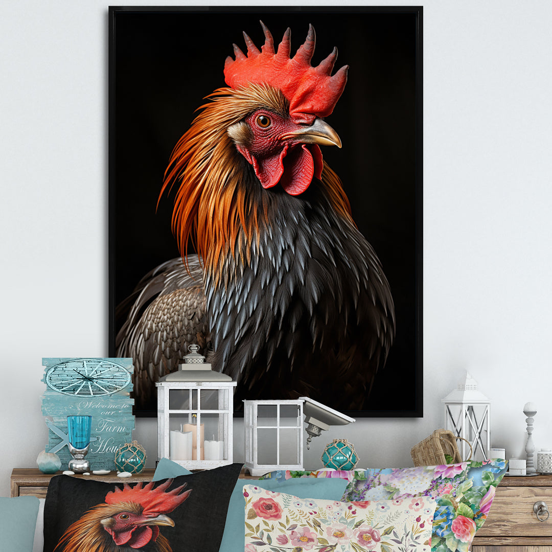Black Rooster Portrait - Rooster Large Canvas Wall Art