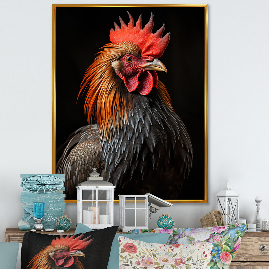 Black Rooster Portrait - Rooster Large Canvas Wall Art