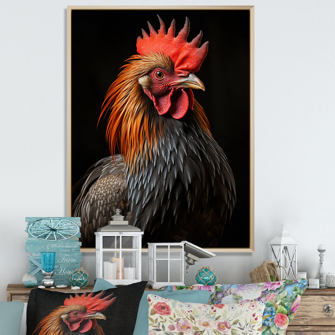 Black Rooster Portrait - Rooster Large Canvas Wall Art