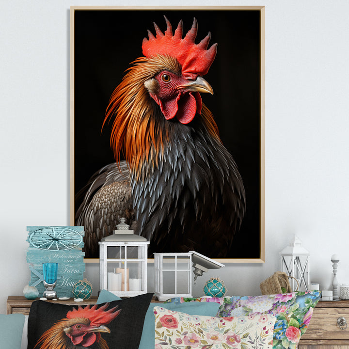Black Rooster Portrait - Rooster Large Canvas Wall Art