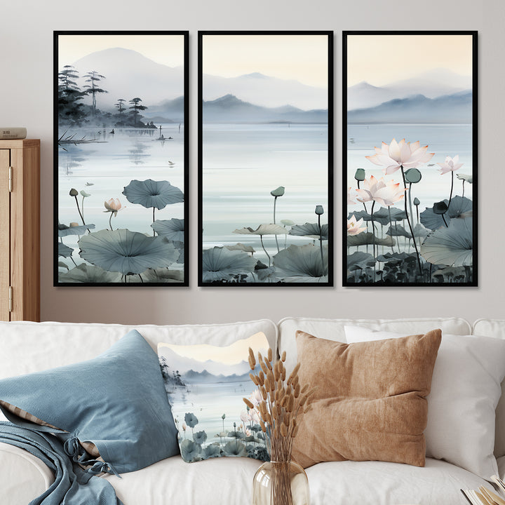Asian Art Ink Lake I - 3-Piece Canvas Wall Art