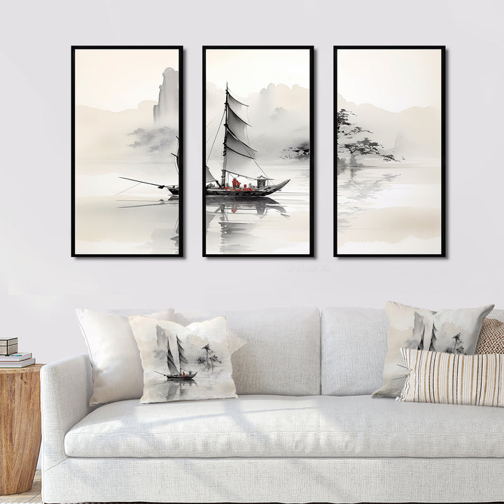 Asian Art Sailboat Sumi III - Multi-Panel Canvas Prints