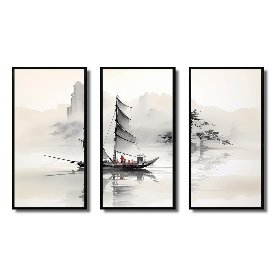 Asian Art Sailboat Sumi III - Multi-Panel Canvas Prints