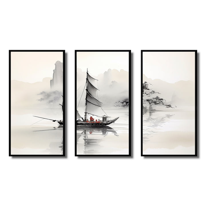 Asian Art Sailboat Sumi III - Multi-Panel Canvas Prints