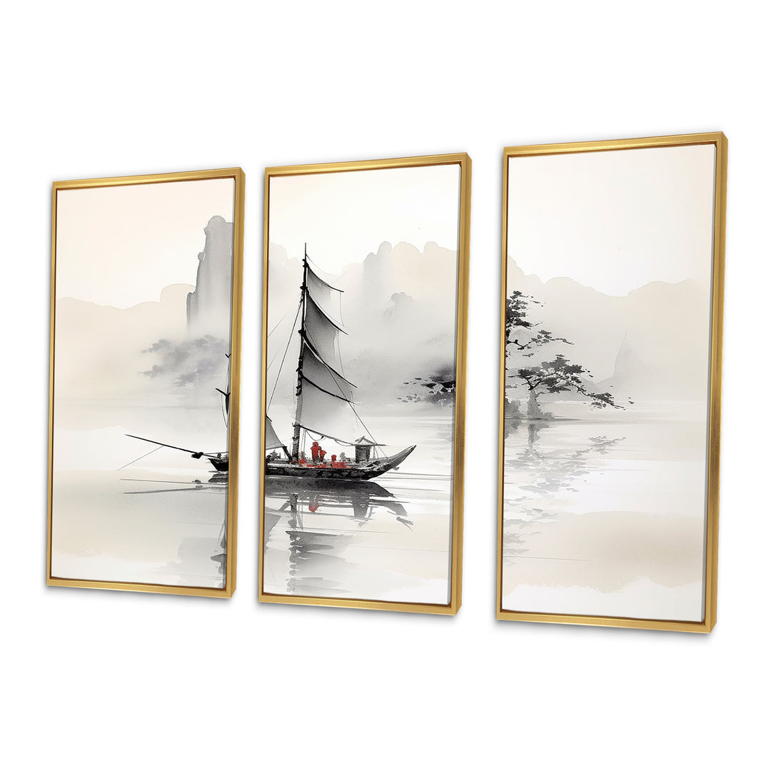 Asian Art Sailboat Sumi III - Multi-Panel Canvas Prints