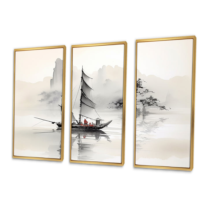 Asian Art Sailboat Sumi III - Multi-Panel Canvas Prints