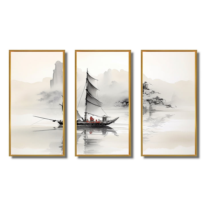 Asian Art Sailboat Sumi III - Multi-Panel Canvas Prints