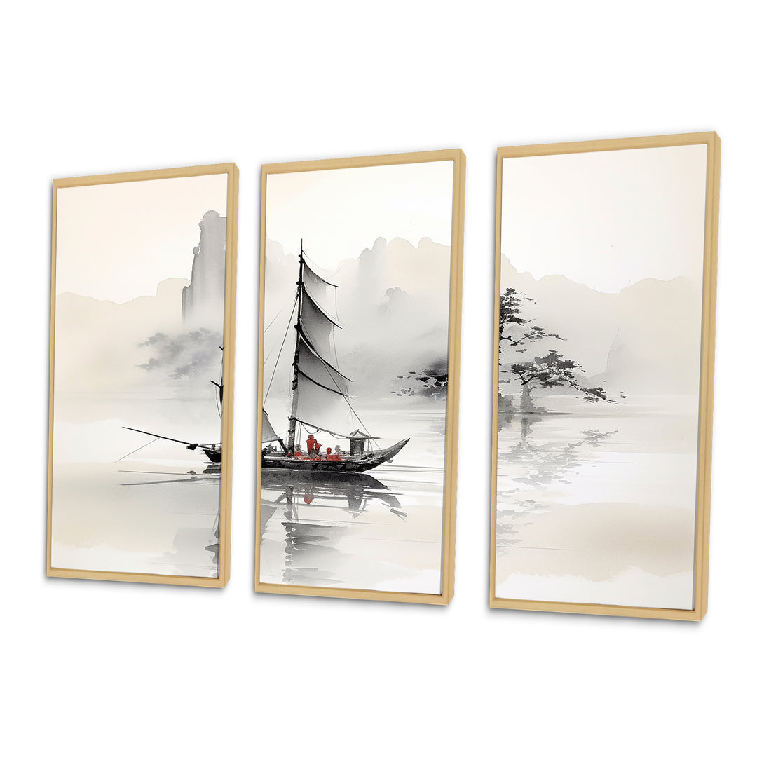 Asian Art Sailboat Sumi III - Multi-Panel Canvas Prints