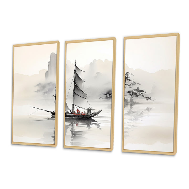 Asian Art Sailboat Sumi III - Multi-Panel Canvas Prints