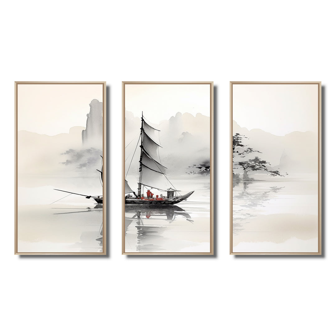 Asian Art Sailboat Sumi III - Multi-Panel Canvas Prints