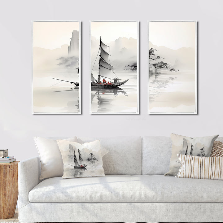 Asian Art Sailboat Sumi III - Multi-Panel Canvas Prints