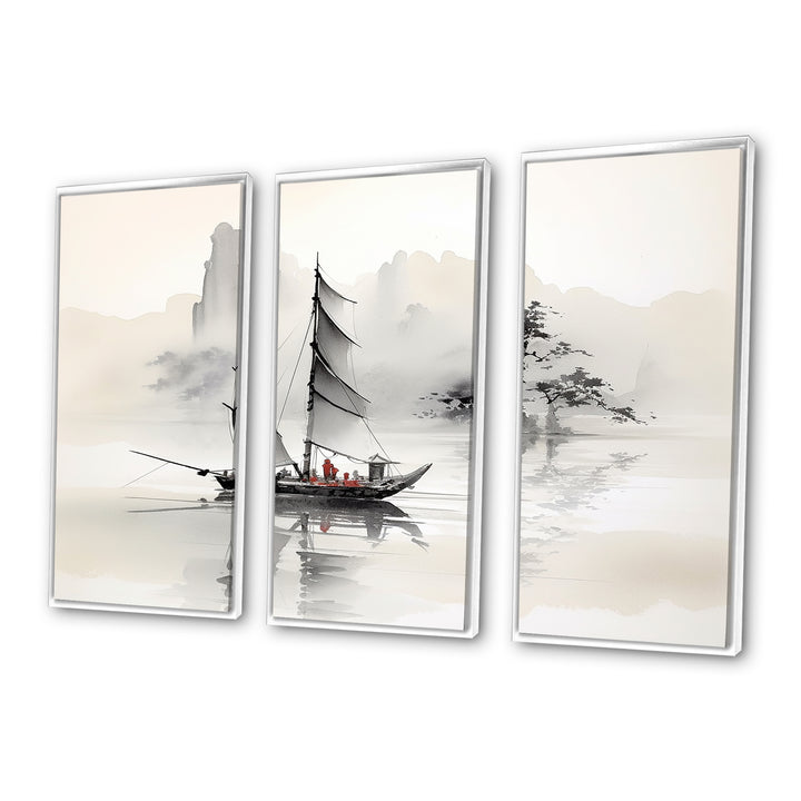 Asian Art Sailboat Sumi III - Multi-Panel Canvas Prints