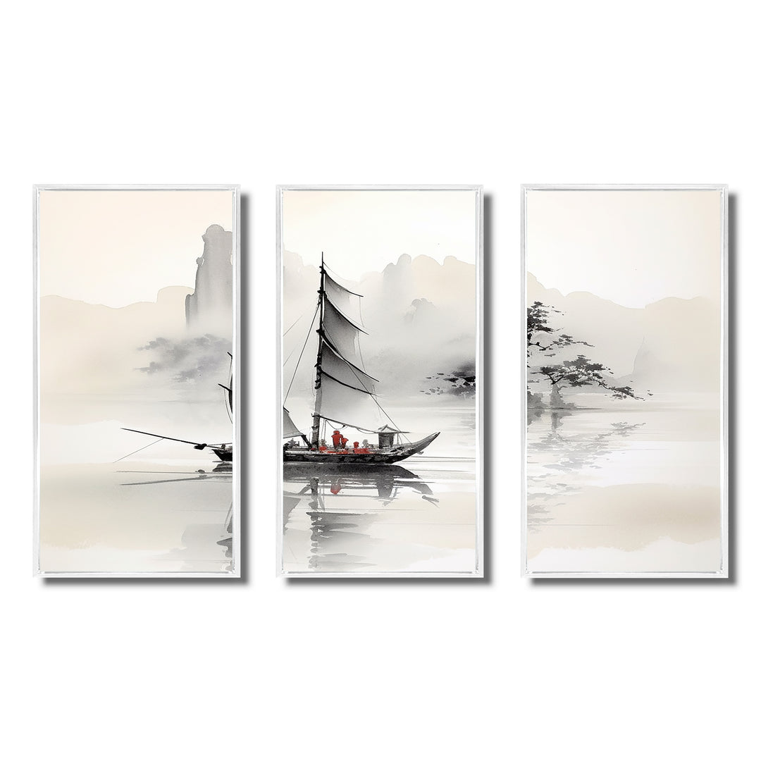 Asian Art Sailboat Sumi III - Multi-Panel Canvas Prints