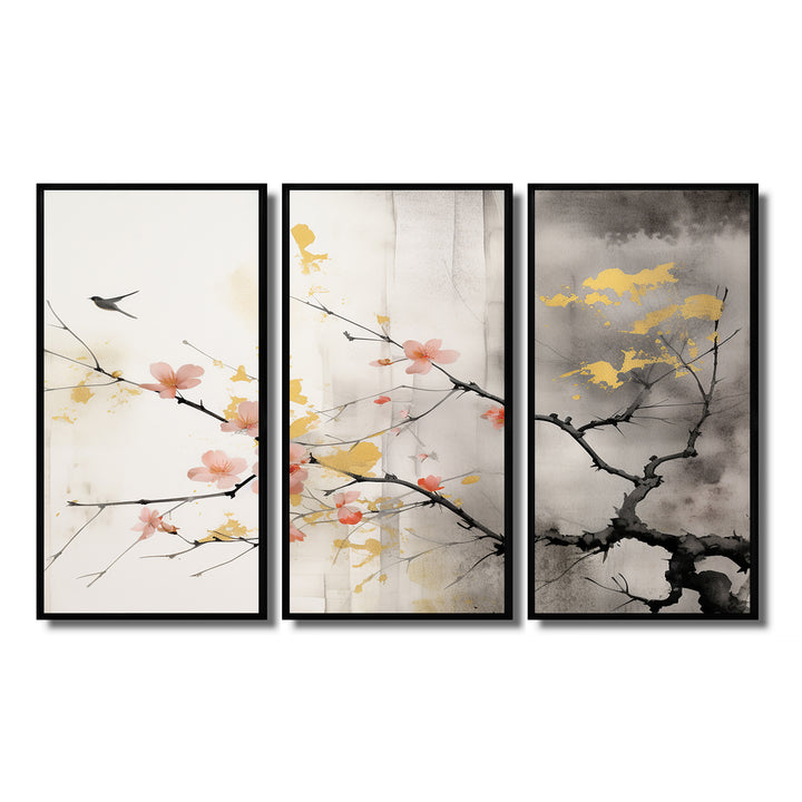 Asian Art Sumi Blossom I - 3-Piece Canvas Wall Art