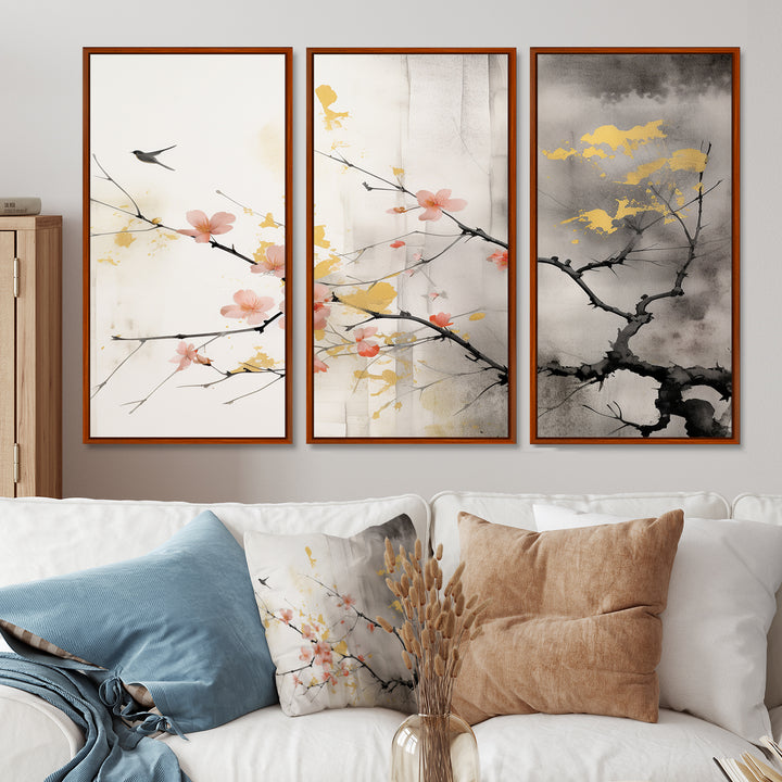 Asian Art Sumi Blossom I - 3-Piece Canvas Wall Art