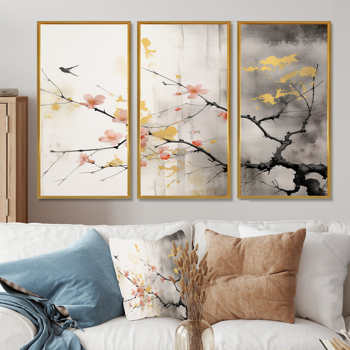 Asian Art Sumi Blossom I - 3-Piece Canvas Wall Art