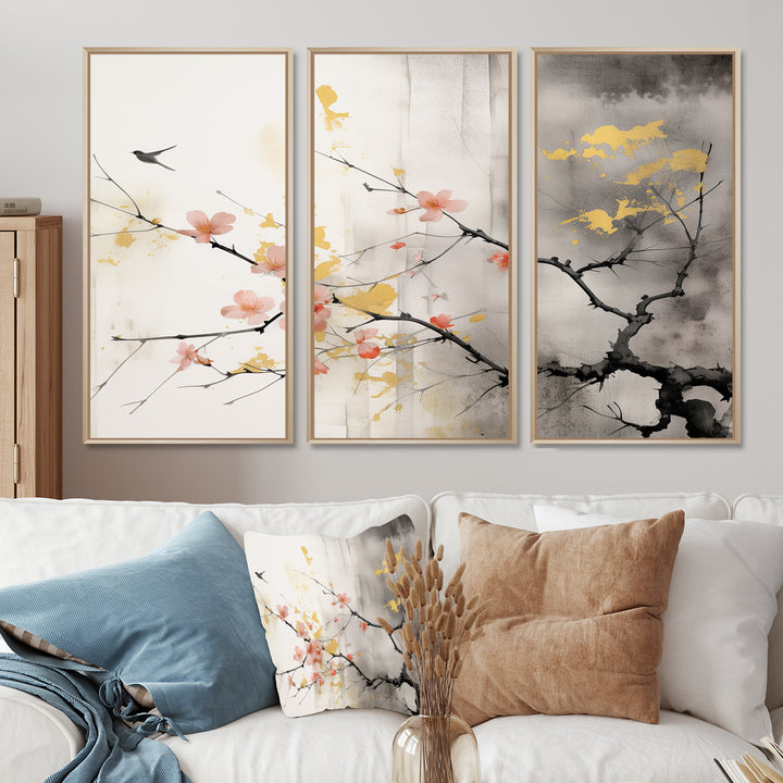Asian Art Sumi Blossom I - 3-Piece Canvas Wall Art
