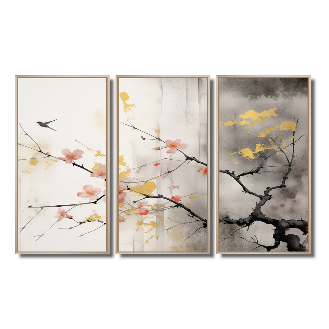 Asian Art Sumi Blossom I - 3-Piece Canvas Wall Art