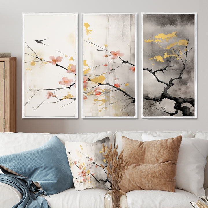 Asian Art Sumi Blossom I - 3-Piece Canvas Wall Art