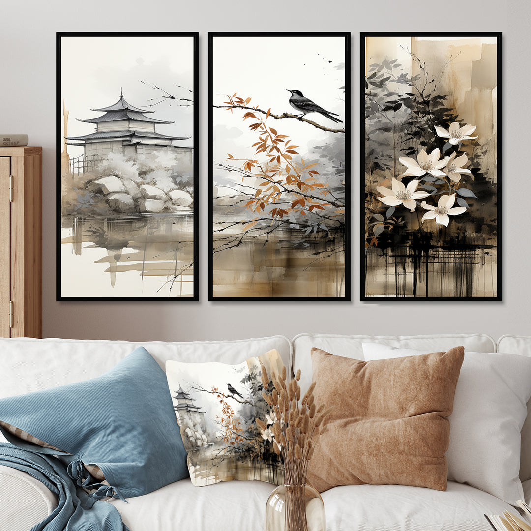 Asian Art Sumi Bird Serenity I - 3-Piece Canvas Wall Art