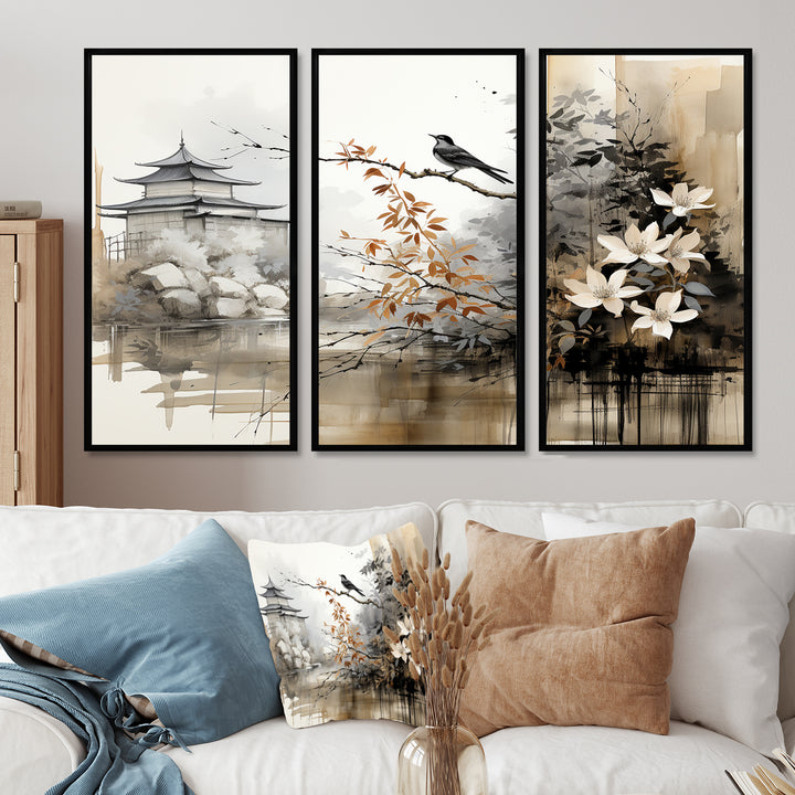 Asian Art Sumi Bird Serenity I - 3-Piece Canvas Wall Art