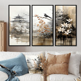 Asian Art Sumi Bird Serenity I - 3-Piece Canvas Wall Art