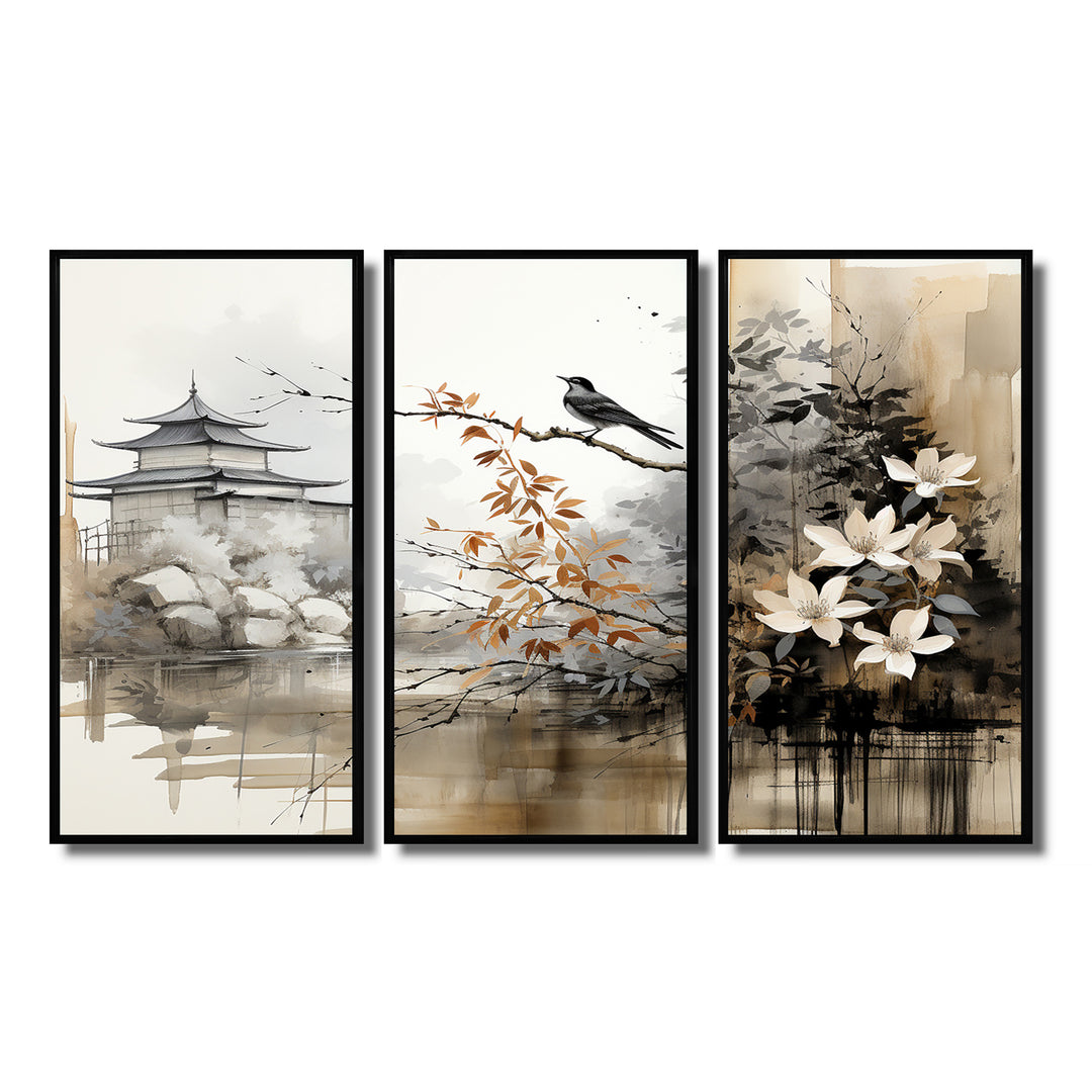 Asian Art Sumi Bird Serenity I - 3-Piece Canvas Wall Art