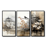 Asian Art Sumi Bird Serenity I - 3-Piece Canvas Wall Art